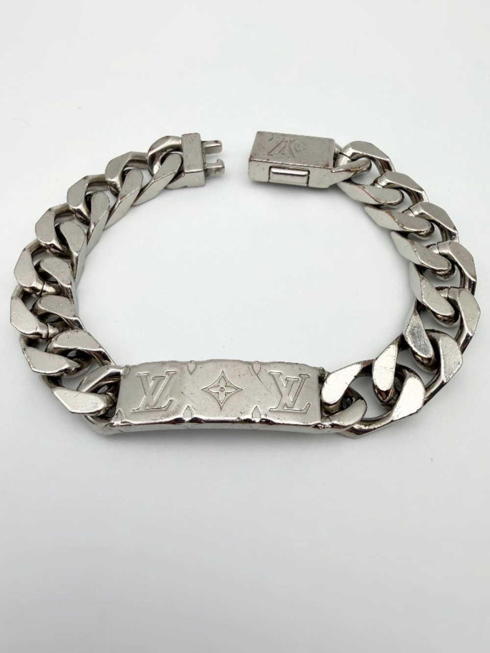 Authentic Louis Vuitton Logo Monogram Chain Bracelet Silver tone Italy M00270